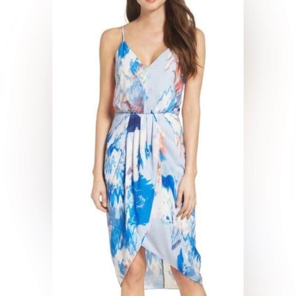 Chelsea28 Faux Wrap Blue Watercolor Floral Print Dress